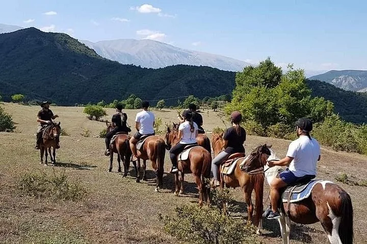 Gruppo di persone a cavallo riunite in un campo con le montagne sullo sfondo.